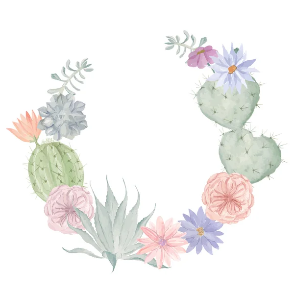 Fleurs aquarelles et couronne de cactus. Impression florale — Image vectorielle