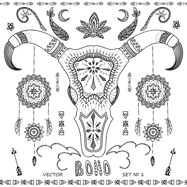 Collectie boho elementen: pijlen, ornamenten, schedel stier, voor auto — Stockvector