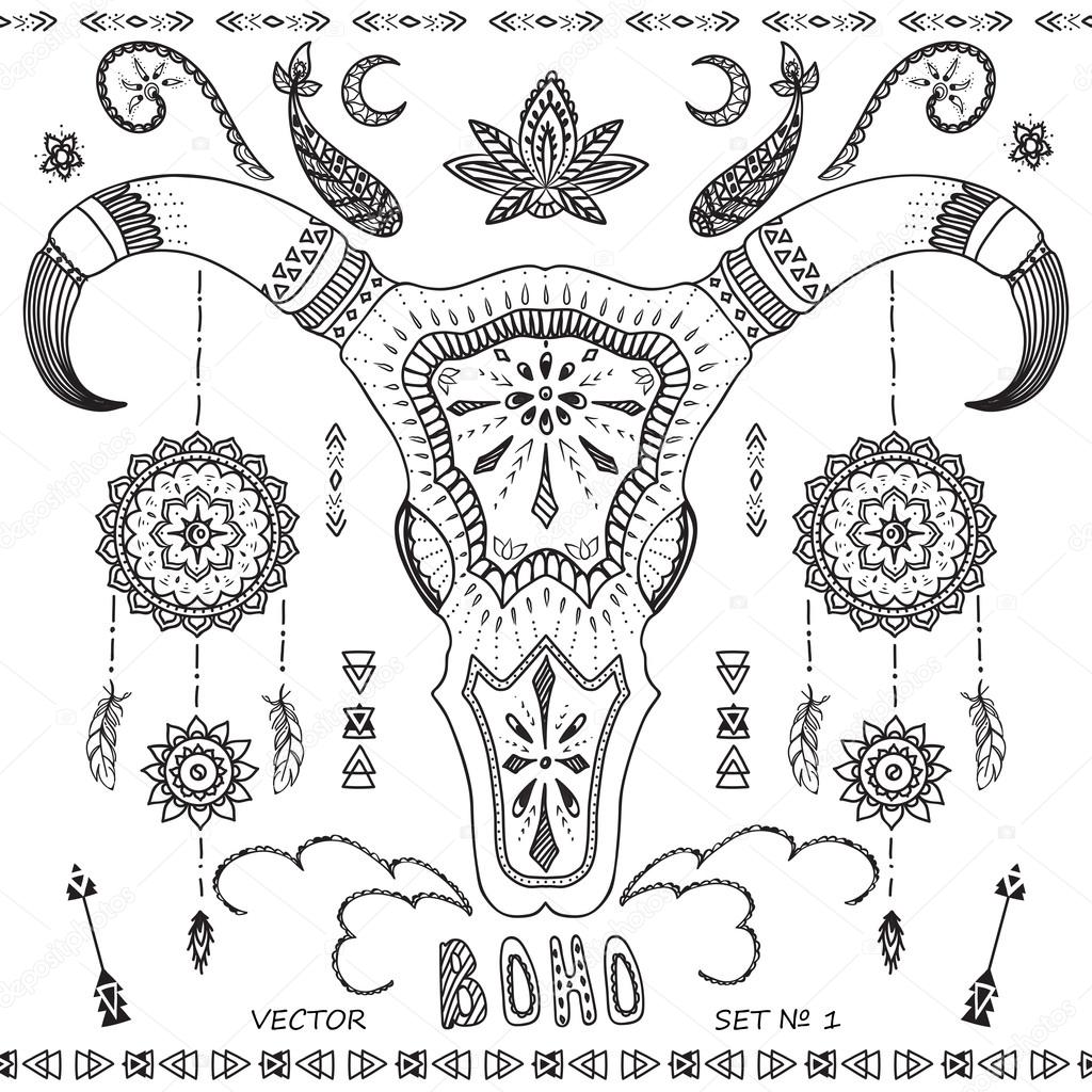 Collection boho elements: arrows, ornaments, skull bull, for car
