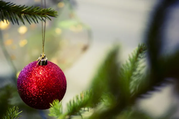 Red christmas ball on the green tree — Stock Photo, Image