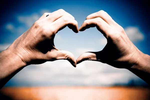 Love shape hands - heart on yellow field and blue sky — Stock Photo, Image