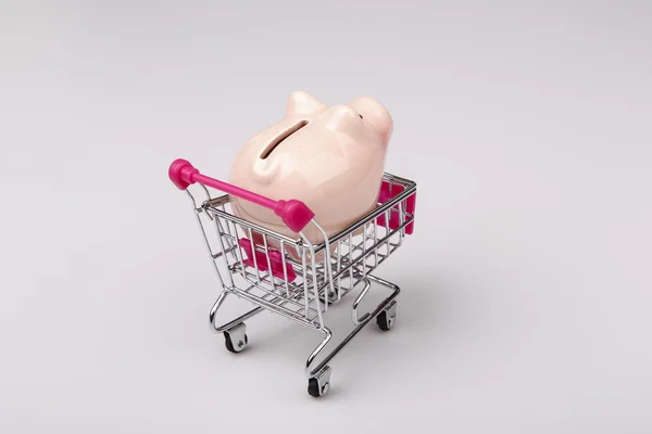 Pig money box in shopping cart on white background — Stock Photo, Image