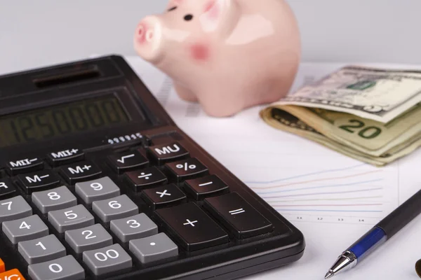 Business Charts with calculator, money, piggy box and pen — Stock Photo, Image