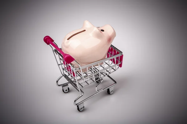 Scatola di soldi maiale nel carrello della spesa su sfondo bianco — Foto Stock