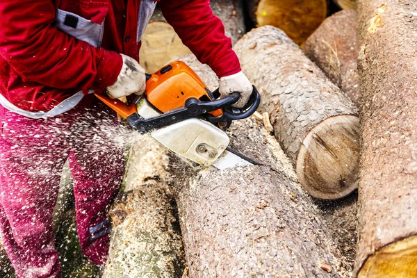 Man sågar en stock i sin bakgård — Stockfoto