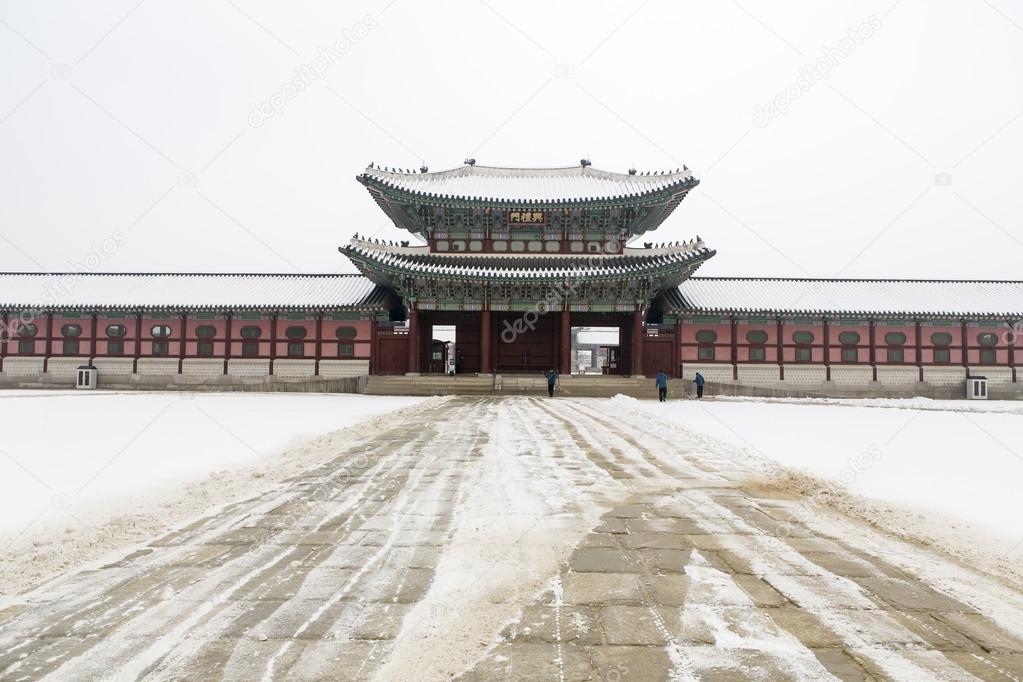 beautiful gyeongbok palace in soul, south korea - under snow, winter