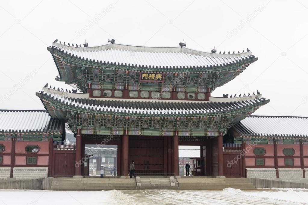 beautiful gyeongbok palace in soul, south korea - under snow, winter