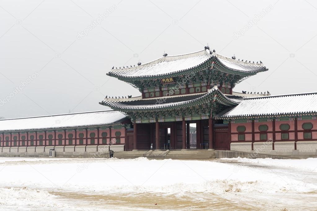 beautiful gyeongbok palace in soul, south korea - under snow, winter