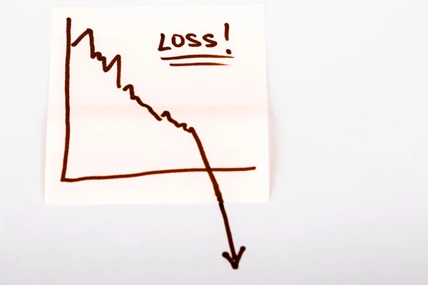 Note paper with finance business graph going down - loss — Stock Photo, Image