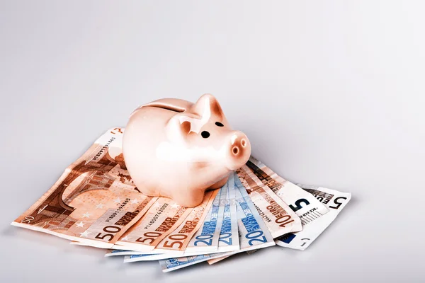 Pig bank on euro banknotes — Stock Photo, Image