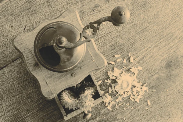 老式木制咖啡磨磨着黄花儿的开放 d — Stok fotoğraf