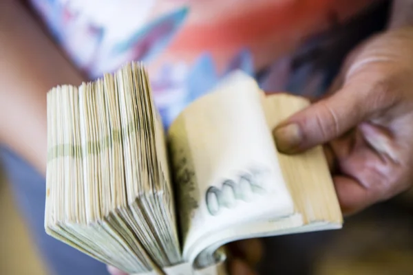 Pacchetto di denaro - grande mucchio di banconote in mano — Foto Stock