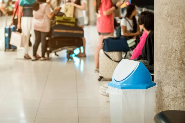 Blue Cover Transparent Trashcan Increasing Safety Measures Placed Floor Airport — Stock Photo, Image