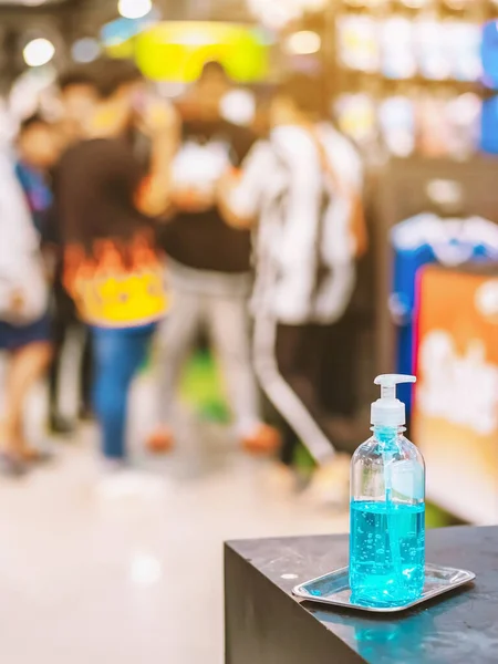 Garrafa Gel Álcool Azul Para Limpeza Das Mãos Para Evitar — Fotografia de Stock