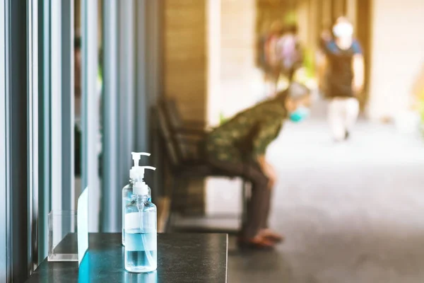 Garrafa Gel Álcool Azul Para Limpeza Das Mãos Para Evitar — Fotografia de Stock