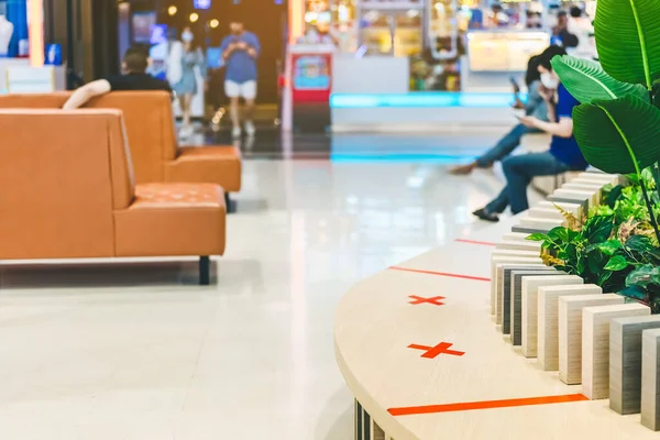 Alternative seating mark for social distance rules in the mall distance for one seat from other people to protect from Corona Virus(COVID-19), social distancing for infection risk.New normal lifestyle
