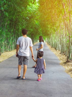 Asyalı babanın el ele tutuşup bambu bahçesinde yürüyen güzel kızı tutuşu. Baba ve kızı parkta birlikte yürüyorlar. Mutlu aile, yeşil doğada birlikte vakit geçiriyor..
