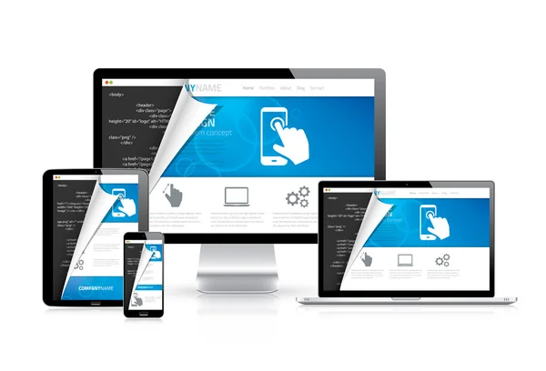 Responsive Web-Design-Vektor mit HTML-Code-Skript im Hintergrund — Stockvektor