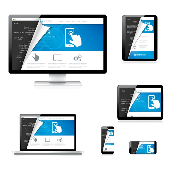 Isolierte Website-Entwicklung Tablet, Laptop, Computer und Telefon — Stockvektor