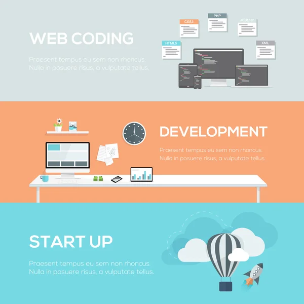 Platt web designkoncept. Web kodning, utveckling och start. — Stock vektor