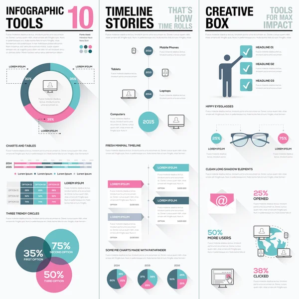 Platt lång skugga rosa och blå kreativa infographic vektor set — Stock vektor