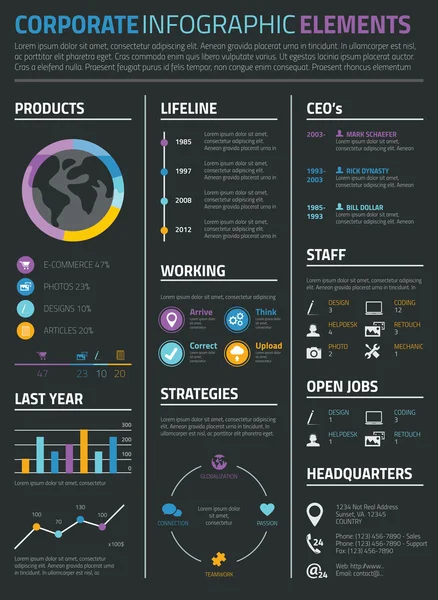 Infografik Geschäfts- und Lebenslauf auf schwarzem Hintergrund — Stockvektor