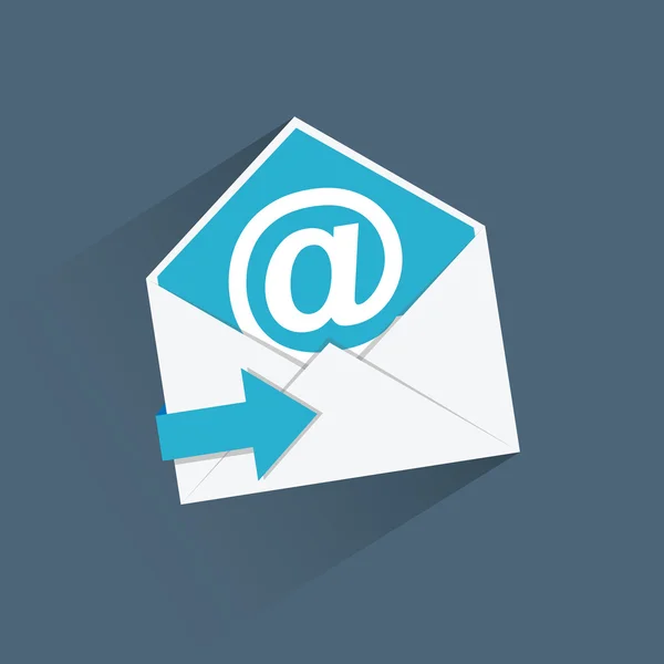 Plochá e-mail vektor ikona s modrou šipkou a dlouhý stín — Stockový vektor