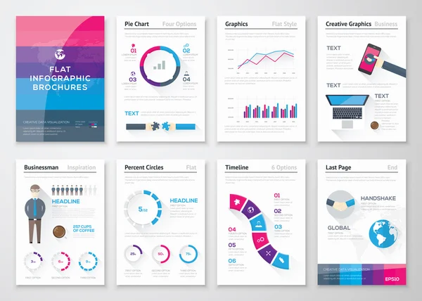 Folletos de diseño plano y elementos comerciales de infografías — Archivo Imágenes Vectoriales