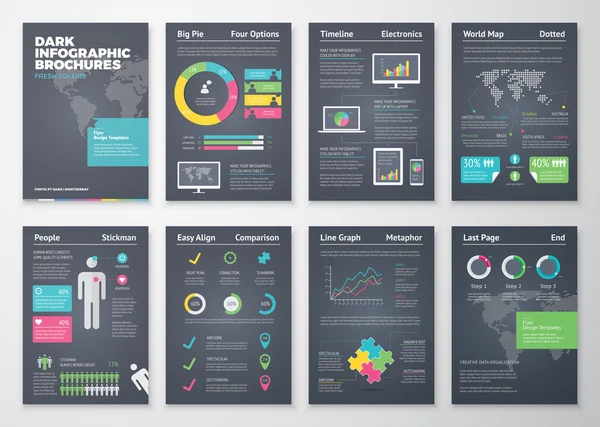 Coloridos folletos de infografía plana con fondo oscuro — Vector de stock