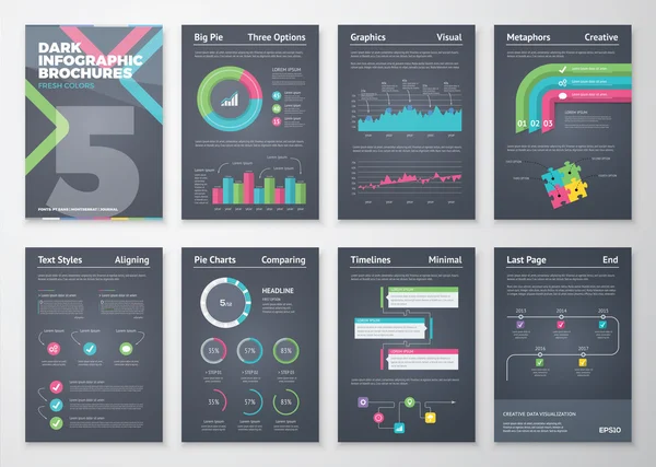 Barevné a plochý infographic brožury s černým pozadím — Stockový vektor