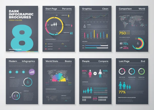 Infografische Broschüren mit frischen Farben auf schwarzem Hintergrund — Stockvektor