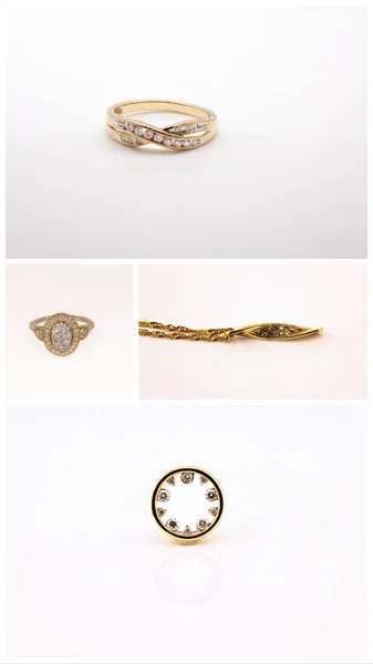 Collage Quattro Immagini Gioielli Oro Diamanti Sfondo Bianco — Foto Stock