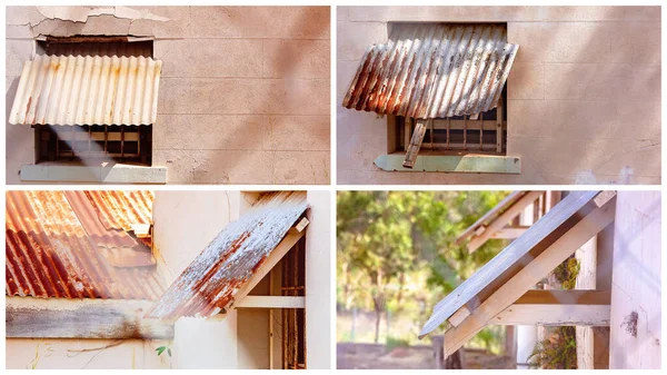 段ボール鉄の屋根と古いオーストラリアの家庭の上の窓の目覚めのコラージュ — ストック写真