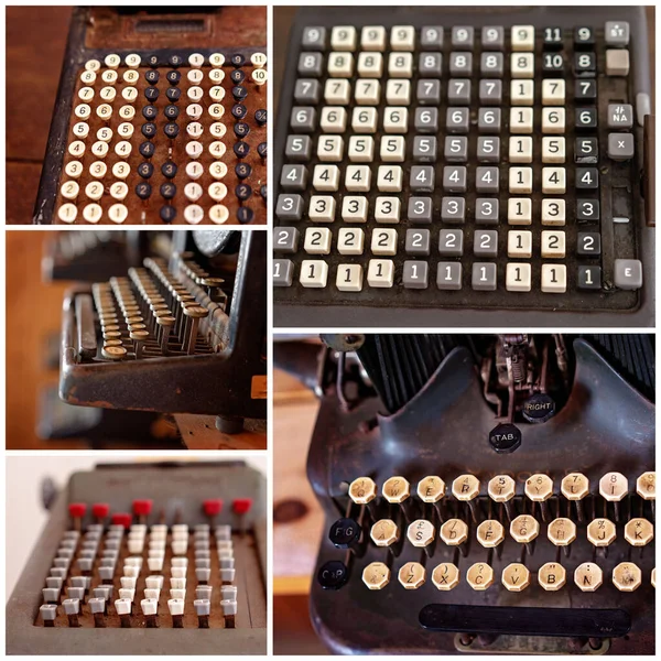 Collage Teclados Calculadoras Antiguas Máquinas Escribir Primer Plano — Foto de Stock