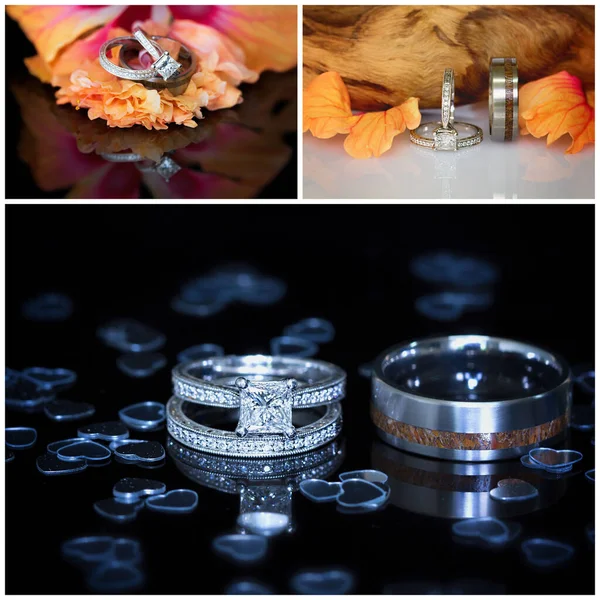 Collage Fidanzamento Diamanti Fedi Nuziali Sfondi Fiori Cuori — Foto Stock