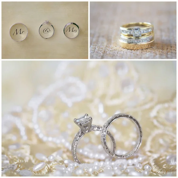 Collage Diamond Engagement Wedding Rings Soft Neutral Backgrounds Stock Photo