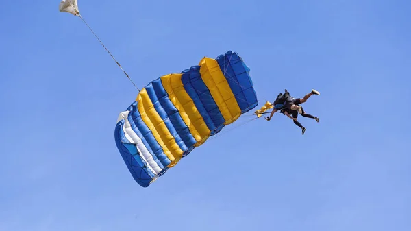 Parachutistes Tandem Contre Ciel Bleu Clair Avec Parachute Ouvert Prêt — Photo