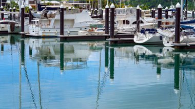 Airlie Beach, Queensland, Avustralya - Şubat 2021: Lüks yatlar sakin bir marinaya demirledi