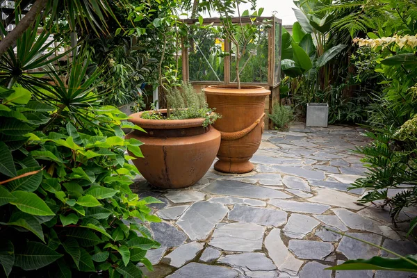 Large pot plants in a stone paved lush garden with fruit trees and an aviary