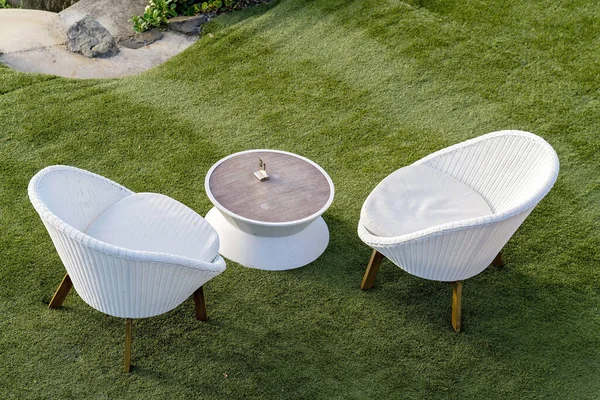 Two White Wicker Chairs Table Set Out Artificial Grass Waiting Stock Photo