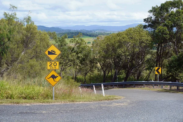 Señal Tráfico Que Indica Velocidad Para Descenso Pronunciado Tener Cuidado — Foto de Stock