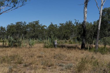 Rubyvale, Queensland, Avustralya - Mayıs 2021: Avustralya 'nın taşradaki altın madenlerinde kaktüsleri fotoğraflayan emekli kadın