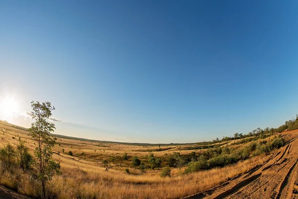 Country Landscape Dirt Side Road Construction Just Sunset Fish Eye — Stock Photo, Image