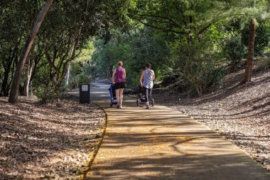 Mackay, Queensland, Avustralya - Haziran 2021: İki anne botanik bahçelerinde egzersiz yaparken çocuklarıyla birlikte bebek arabaları itiyor