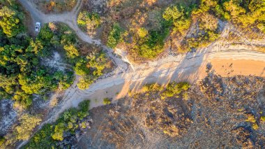 İnsansız hava aracı kumlu bir sahile bakıyor. Sabahın erken saatlerinde çimenli bir bitki örtüsüyle güneş doğduktan sonra kumlara gölge düşürüyor.