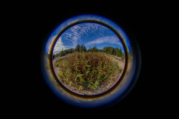 手前に植生のある風景と曇り空の円形魚眼レンズ — ストック写真
