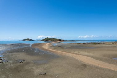 Dalgalar alçaldığında uzun kumlu iki adaya yürüyebilirsiniz. Red Cliff Adaları, Finlaysons Point, Seaforth, Queensland, Avustralya
