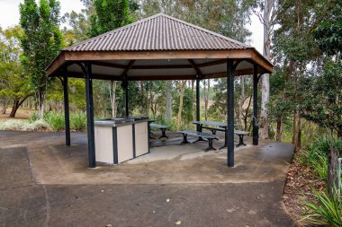 Barbekülü piknik barınağı ve nehir kıyısındaki ağaçların arasındaki açık hava parkında aile eğlencesi için oturma yeri.