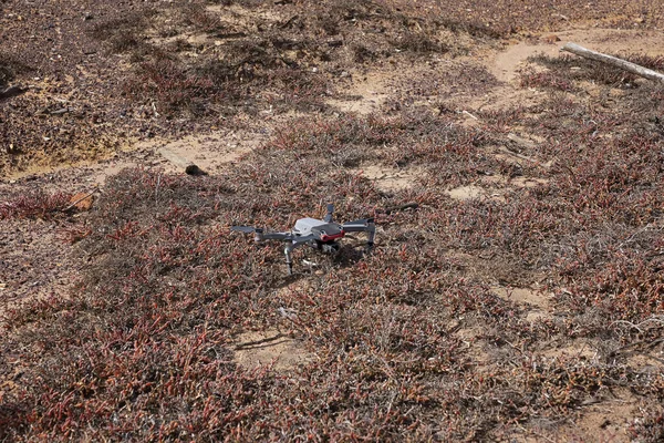 Drone Atterrato Terra Tra Vegetazione Autoctona Saline Dopo Aver Scattato — Foto Stock