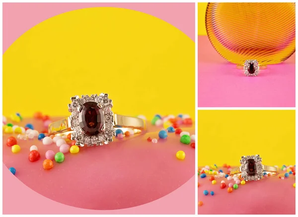 Collage Eines Granat Und Diamantgoldrings Auf Einem Rosa Cupcake Mit — Stockfoto